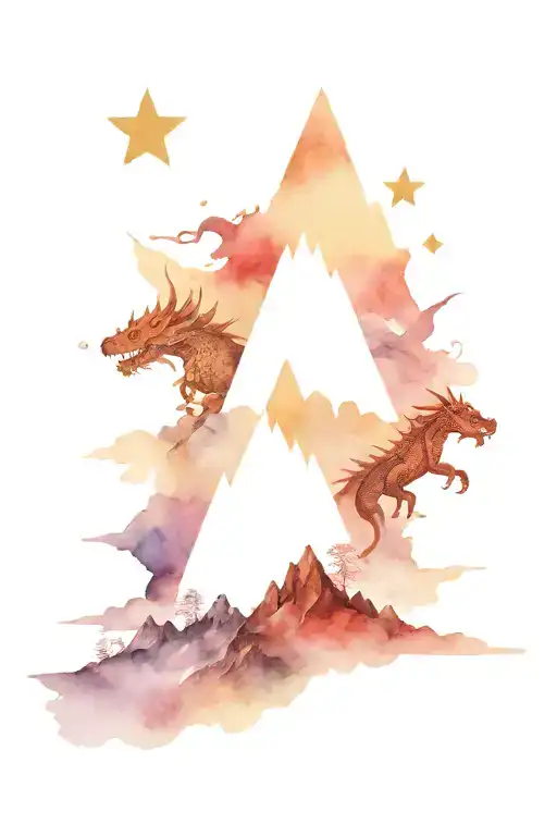 3 peak mountain range with 3 bright stars over the middle mountain peak, with four dragons tattoo design idea