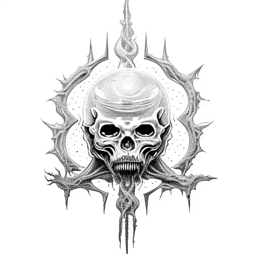 chaos, satanism, full sleeve, darkness, black, intense, inverted cross, hr giger, abstract, cosmic horror tattoo design idea