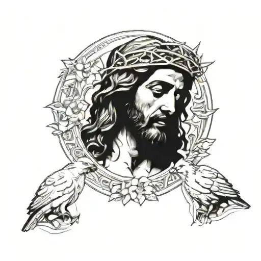 A detailed portrait of Jesus Christ with a halo, surrounded by angels and doves tattoo design idea