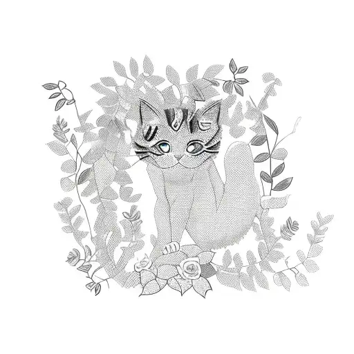 A powerlifting barbell wrapped in vines with flowers and cats climbing on it tattoo design idea