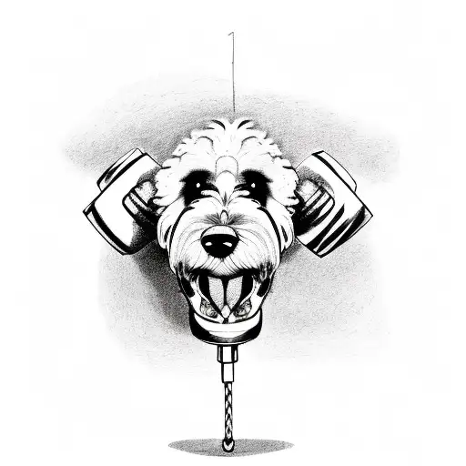 Bernedoodle dog holding a weight dumbbell in his mouth tattoo design idea