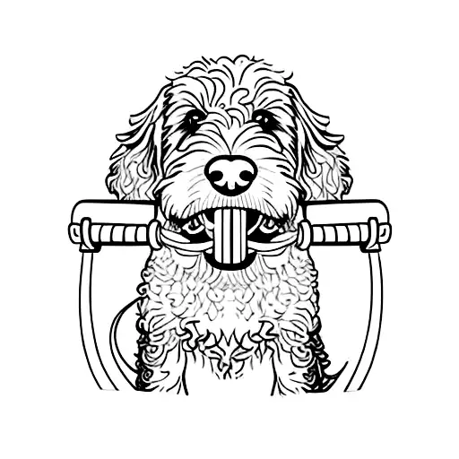 Bernedoodle dog holding a weight dumbbell in his mouth tattoo design idea