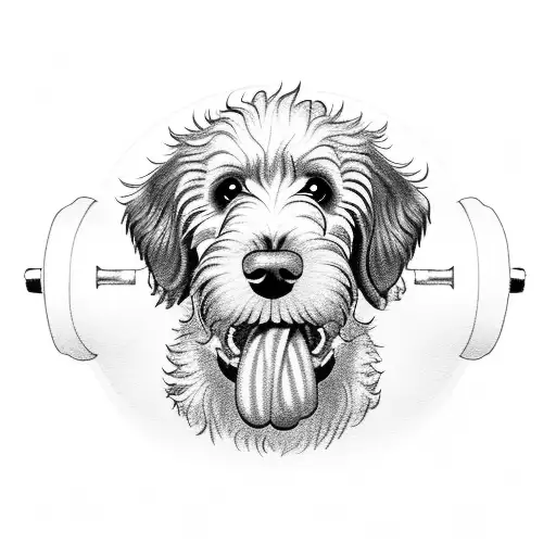 Bernedoodle dog holding a weight dumbbell in his mouth tattoo design idea