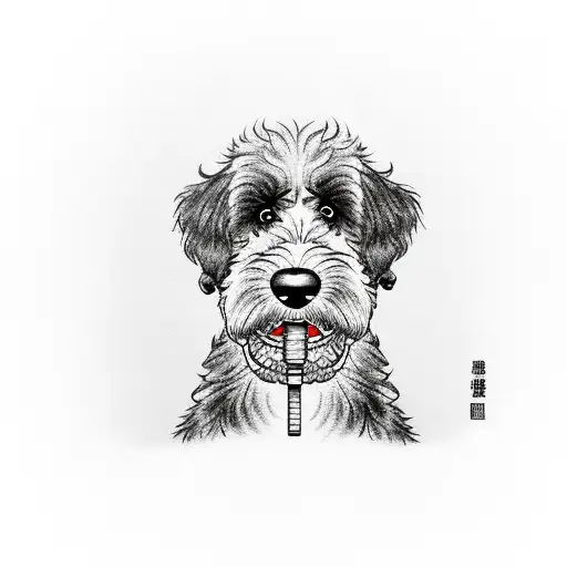 Bernedoodle dog holding a weight dumbbell in his mouth tattoo design idea