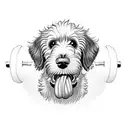 Bernedoodle dog holding a weight dumbbell in his mouth tattoo design idea