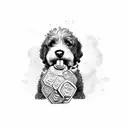 Bernedoodle dog holding a weight dumbbell in his mouth tattoo design idea