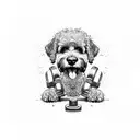 Bernedoodle dog holding a weight dumbbell in his mouth tattoo design idea