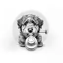 Bernedoodle dog holding a weight dumbbell in his mouth tattoo design idea