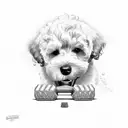Bernedoodle dog holding a weight dumbbell in his mouth tattoo design idea
