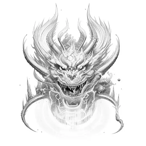 tormenta electrica con rayos, de estos rayos se forma un dragon, con un lobo. en ciertas partes tiene que tener formada  tattoo design idea