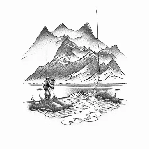A detailed illustration of a fly fishing rod casting a line, with a mountain landscape in the background tattoo design idea