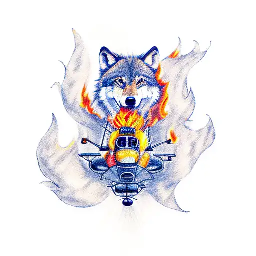 a wolf riding helicopter in to flames tattoo design idea