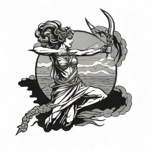 athena greek goddess holding a bow and arrow while on a rock in the middle of the ocean and fighting a battle  tattoo design idea