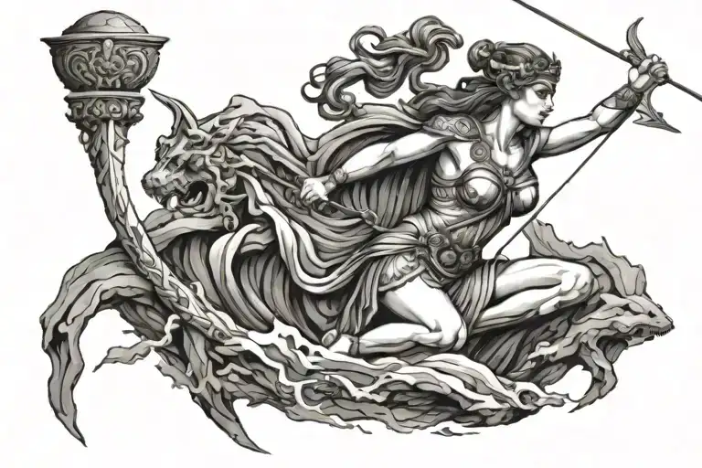 athena greek goddess holding bow and arrow on a rock in the middle of the sea fighting a monster  tattoo design idea