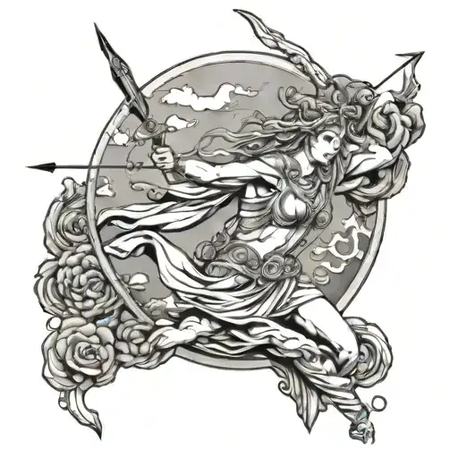 athena greek goddess carryin a bow and arrow and shiel while on a rock in the middle of the ocean and fighting a battle  tattoo design idea