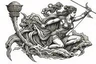 athena greek goddess holding bow and arrow on a rock in the middle of the sea fighting a monster  tattoo design idea