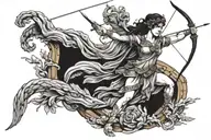athena greek goddess holding bow and arrow on a rock in the middle of the sea fighting a monster  tattoo design idea