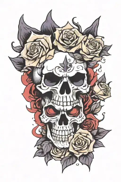skull, roses and gengar pokemon tattoo design idea