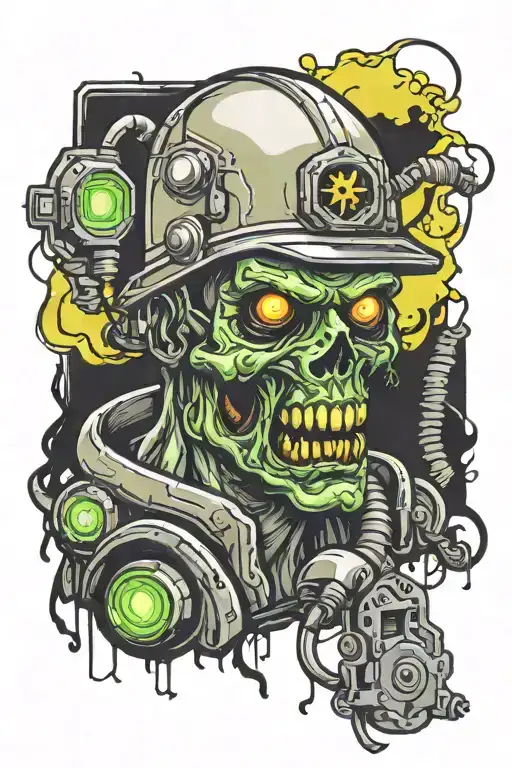 Electrician zombie with helmet with neon details tattoo design idea
