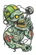 Electrician zombie with helmet with neon details tattoo design idea
