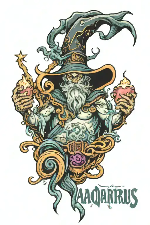 Aquarius, devil, wizard, water, tattoo design idea