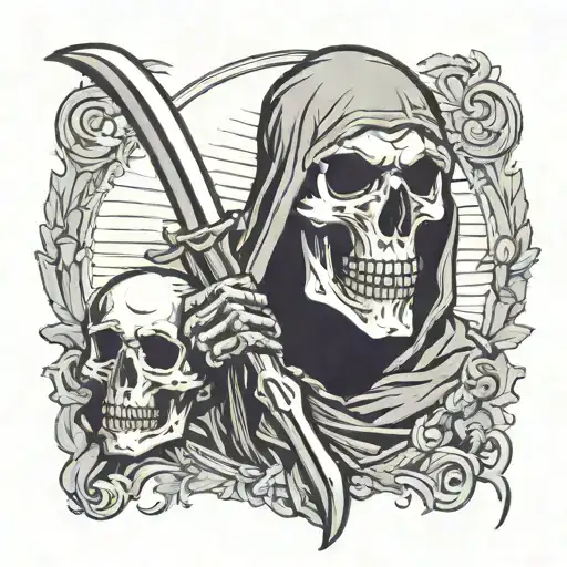 The grim reaper holding a skull in his hand, the letter r engraved on the forehead of the skull, the grim reaper has a b tattoo design idea