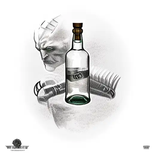 Full torso tattoo, neck to hip, full sleeves.   Whiskey bottle and glass, money, gun, beautiful woman, wolverine, death tattoo design idea