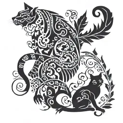 cat and dragon with leafs and birds tattoo design idea