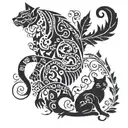 cat and dragon with leafs and birds tattoo design idea