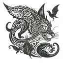 cat and dragon with leafs and birds tattoo design idea