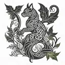 cat and dragon with leafs and birds tattoo design idea