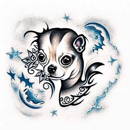 starscape with a chihuahua head as a planet tattoo design idea