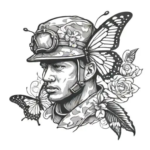A powerful image of a soldier in uniform with a butterfly on their shoulder, representing the client's dedication to the Army National Guard and their love for butterflies tattoo design idea