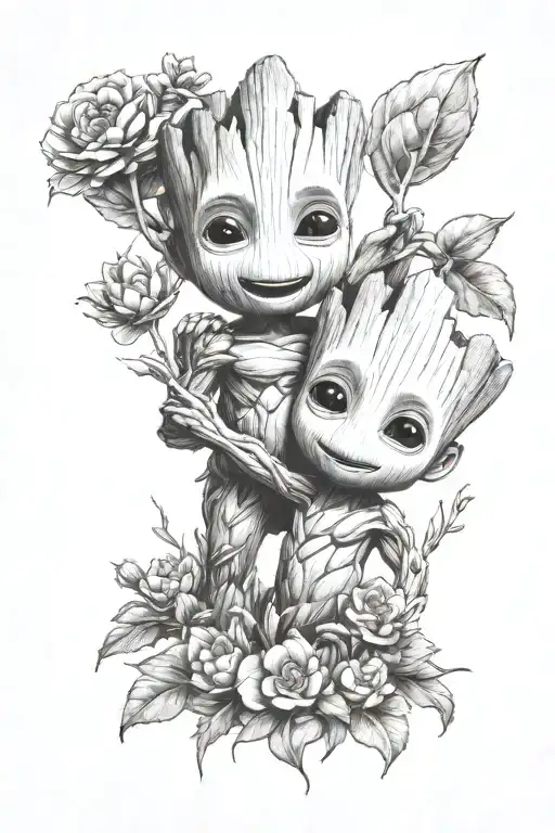 A tattoo of baby Groot  playing together in a garden of flowers tattoo design idea