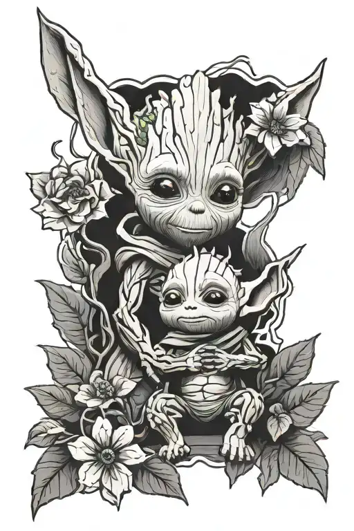 baby groot, baby yoda, vines, flowers blooming tattoo design idea