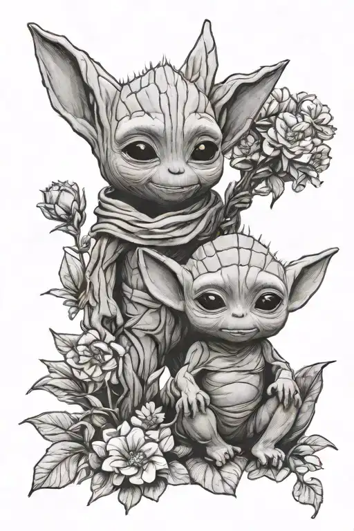 A tattoo of baby Groot and baby Yoda playing together in a garden of flowers tattoo design idea