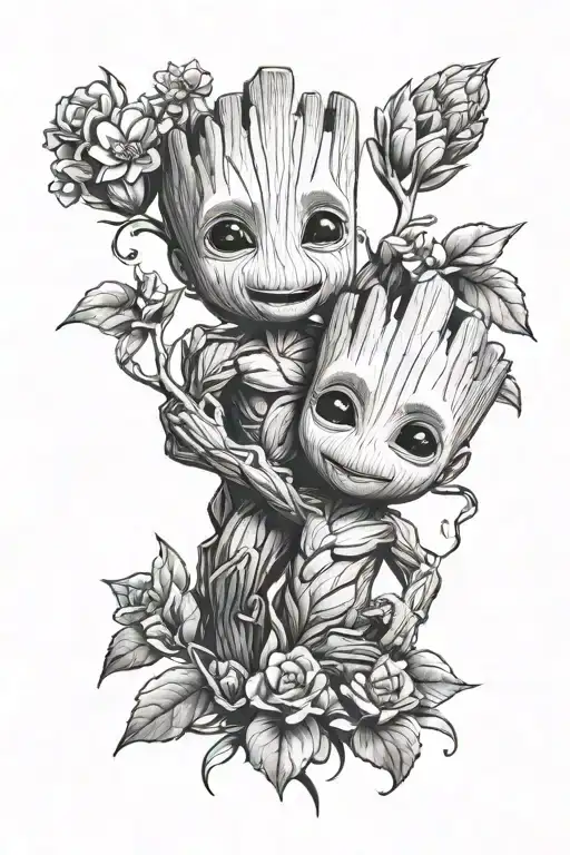 A tattoo of baby Groot  playing together in a garden of flowers tattoo design idea
