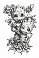 A tattoo of baby Groot  playing together in a garden of flowers tattoo design idea