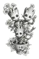 A tattoo of baby Groot  playing together in a garden of flowers tattoo design idea