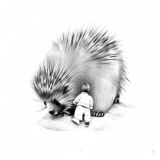 two porcupines, a mother on the left and her son on the right, holding hands tattoo design idea