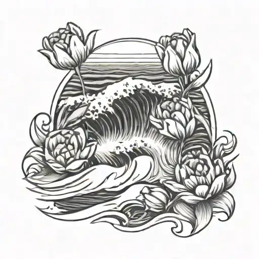 waves crashing against a rocky shore adorned with beautiful tulips tattoo design idea