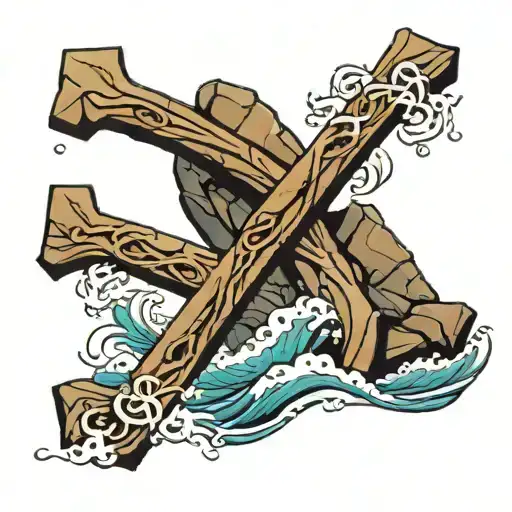 waves crashing against rock. cross intertwined symbolizing hope anchored   tattoo design idea
