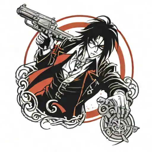 Anime character Alucard against a background of a red circle with guns and dogs tattoo design idea