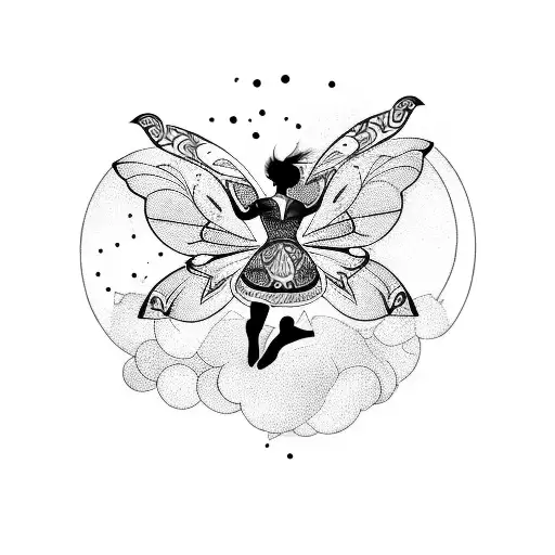 A dotwork tattoo of a stylized athlete in motion, with butterflies surrounding them as a symbol of freedom and grace tattoo design idea