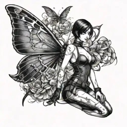 Ada Wong Character Resident Evil 4 Remake Leaning Back With A Mechanical Butterfly Behind Her Tattoo Idea tattoo design idea