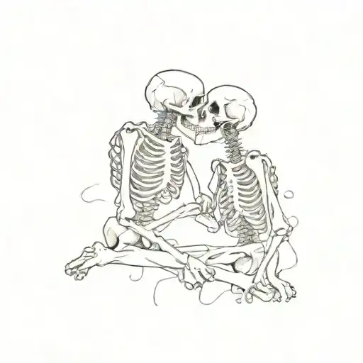 Write “And if you go, I wanna go with you. And if you die, I wanna die with you.” cursive surrounding kissing skeletons tattoo design idea