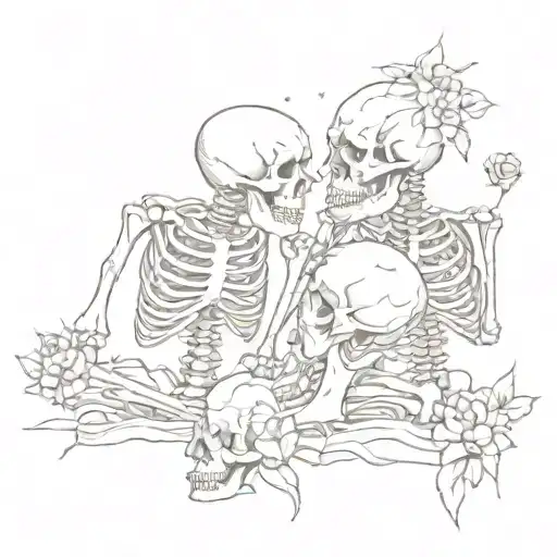 Write “And if you go, I wanna go with you. And if you die, I wanna die with you.” cursive surrounding kissing skeletons tattoo design idea