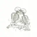 Write “And if you go, I wanna go with you. And if you die, I wanna die with you.” cursive surrounding kissing skeletons tattoo design idea