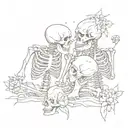 Write “And if you go, I wanna go with you. And if you die, I wanna die with you.” cursive surrounding kissing skeletons tattoo design idea
