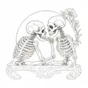 Write “And if you go, I wanna go with you. And if you die, I wanna die with you.” cursive surrounding kissing skeletons tattoo design idea